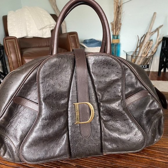 Christian Dior Brown Ostrich Leather Double Saddle
